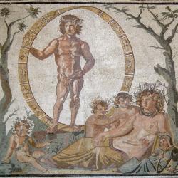A Roman mosaic depicting Tella, the Roman goddess identified with Gaia, and her four children