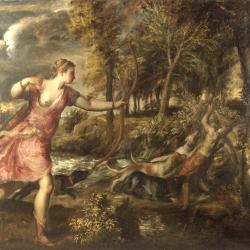 Artemis holding a bow watches as a stag-headed Aktaion is torn apart by his hounds